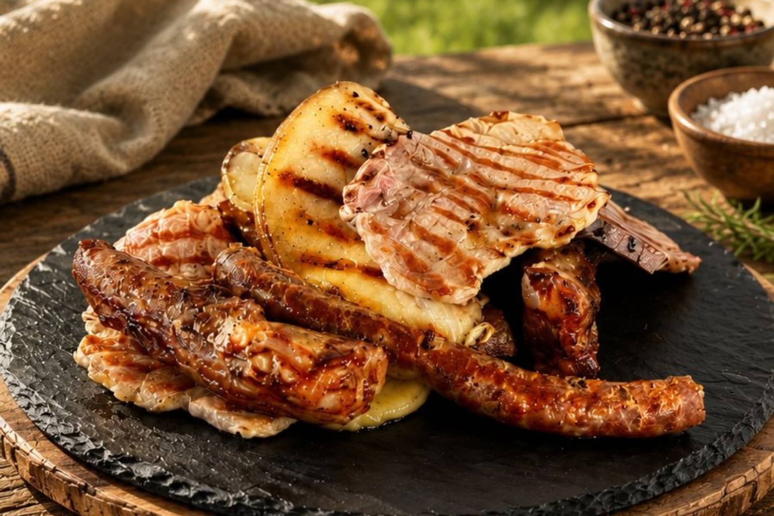 Grigliata sul fuoco con carni dell'azienda agricola