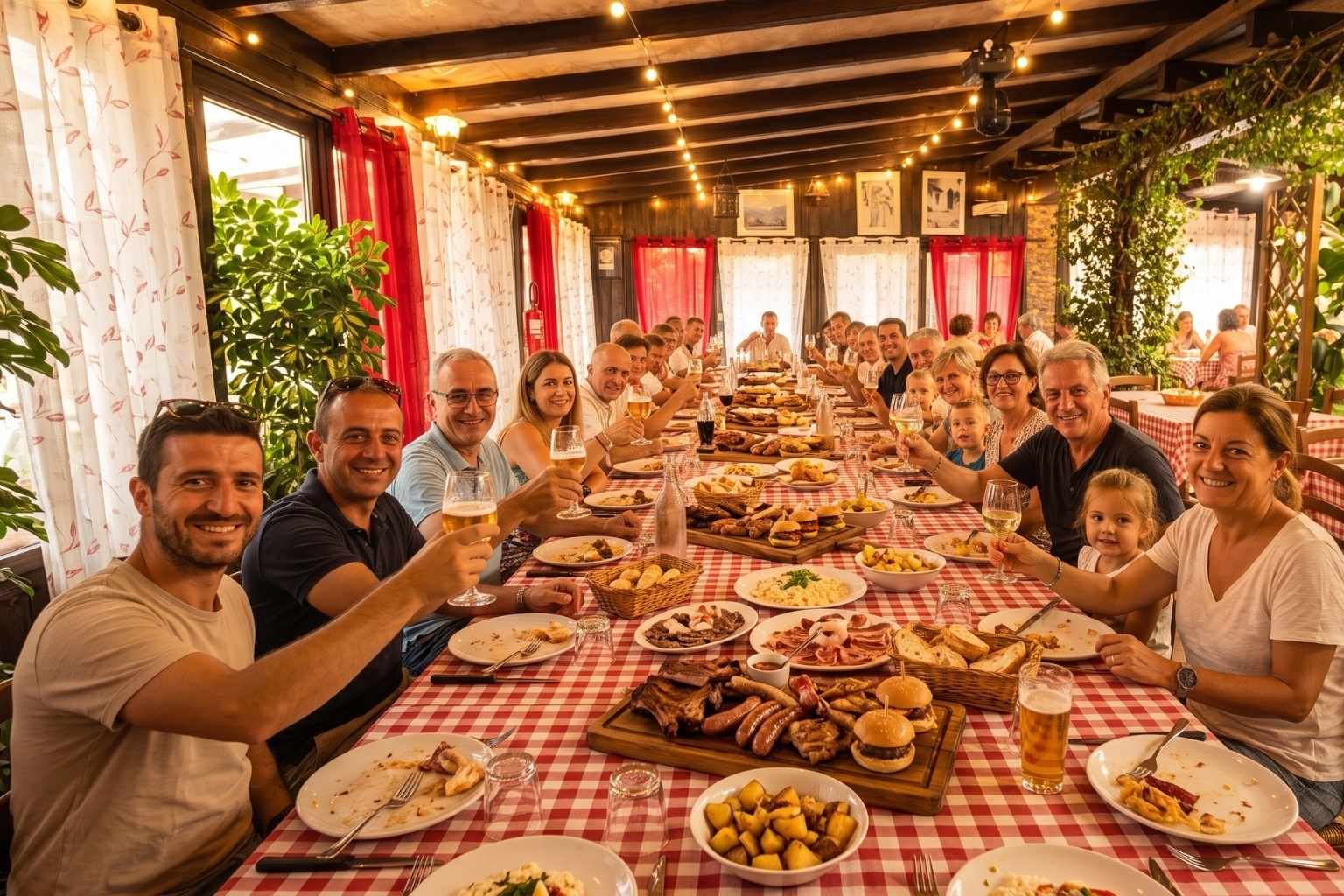 Tavolata all'aperto in agriturismo con grigliata e famiglie riunite